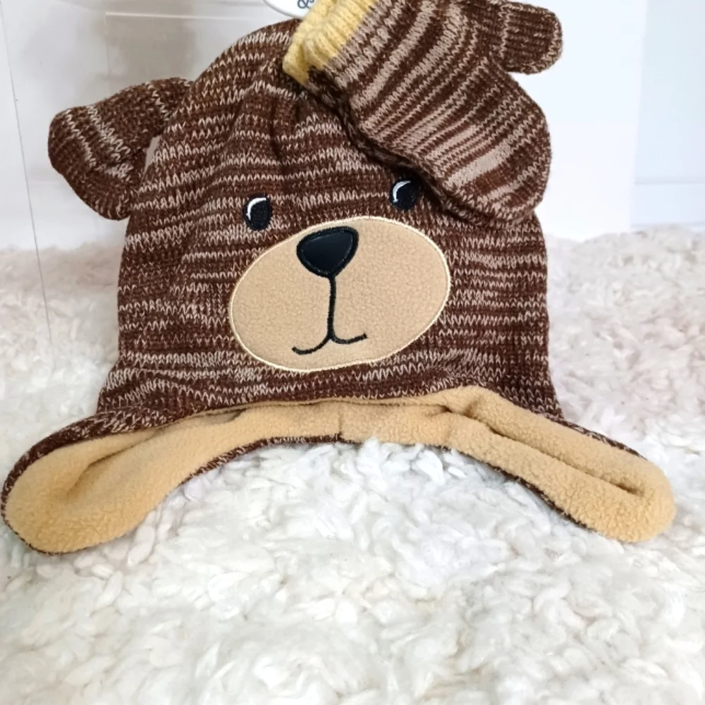 NWOT Addie & Tate Teddy Bear 3D Hat/Mitten Set,Toddler Brown & Tan